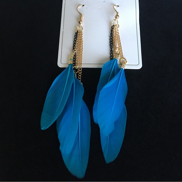 Blue Feather Long Drop Dangle Fashion Jewelry Earrings - Picture 1 of 7